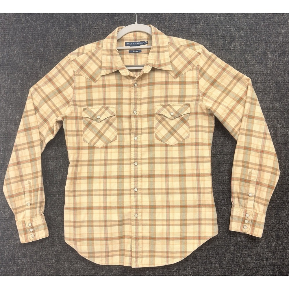 Ralph Lauren Size 10 Beige Plaid Pearl Snap Slim Flannel Fit Western Shirt